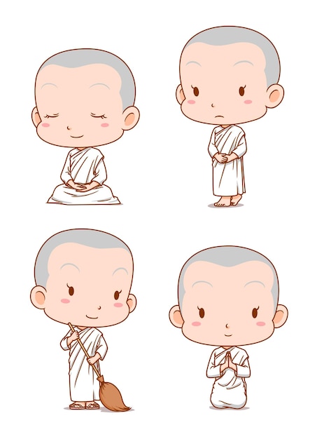 Cartoon character of Thai Buddhist Nuns in different poses