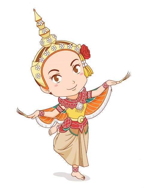 Vector cartoon character of traditional thai dancer in kinnari dress.