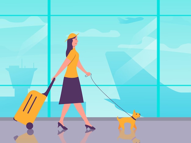 Путешественник персонажа из мультфильма. девушка с собакой и багажом в аэропорту. молодая женщина воздушного путешествия с чемоданом. женщины собираются в отпуск. пассажирский самолет.