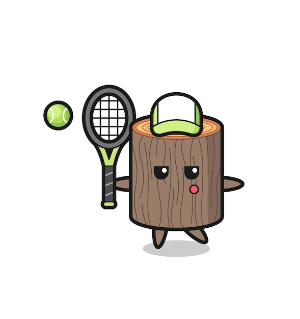 Cartoon character of tree stump as a tennis player cute design