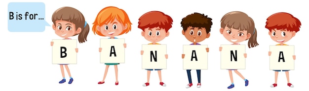 Cartoon character of two kids spelling fruit vocabulary