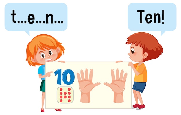 Cartoon character of two kids spelling the number ten