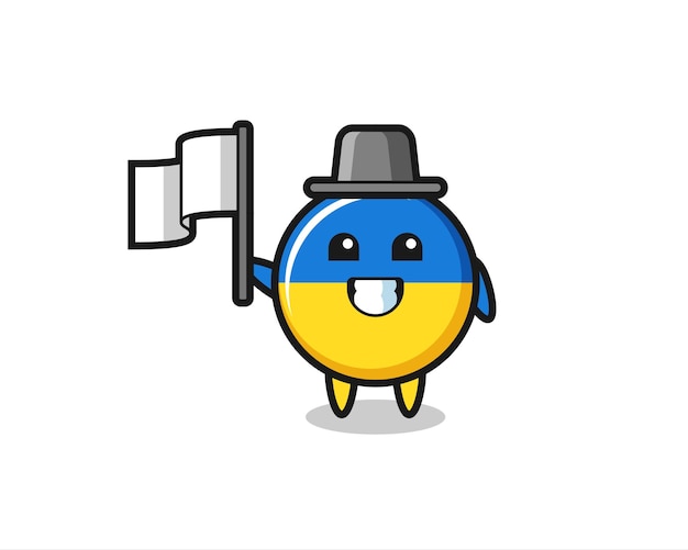 Cartoon character of ukraine flag badge holding a flag