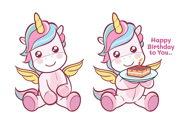 Vector cartoon character of unicorn holding birthday cake