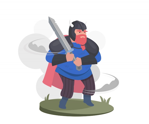 Cartoon Character, Viking warrior. Warrior in a helmet and in armor with a sword