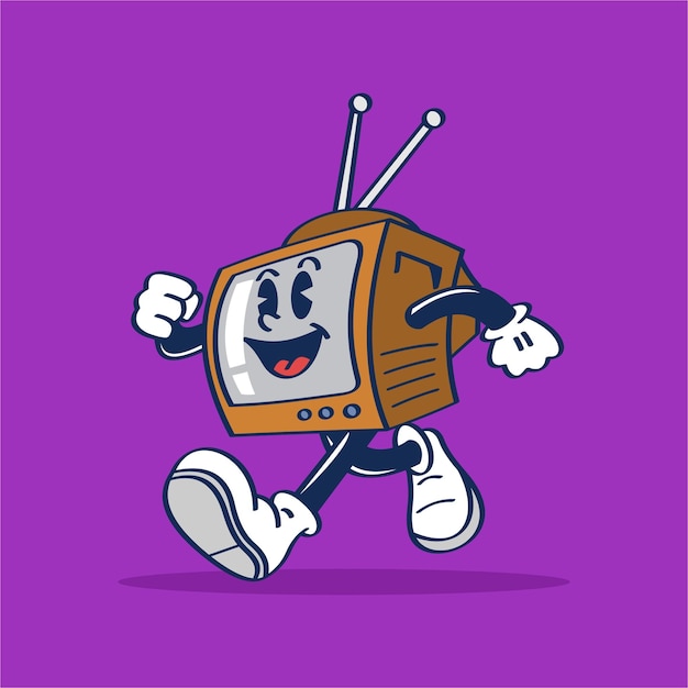 A cartoon character of a vintage tv running hand drawing illustration vector