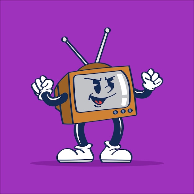 Vector a cartoon character of a vintage tv with angry face hand drawing illustration vector