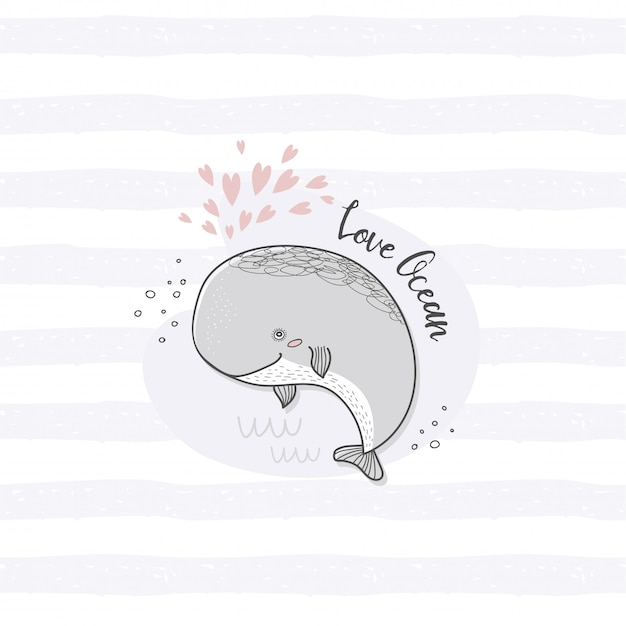 Vector cartoon character whale card. hand drawn ocean animal