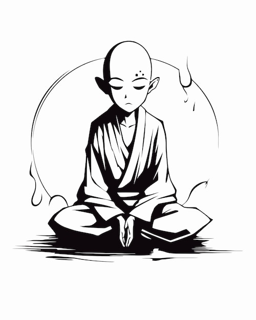 Vector a cartoon character with a bald head sits in a lotus position.