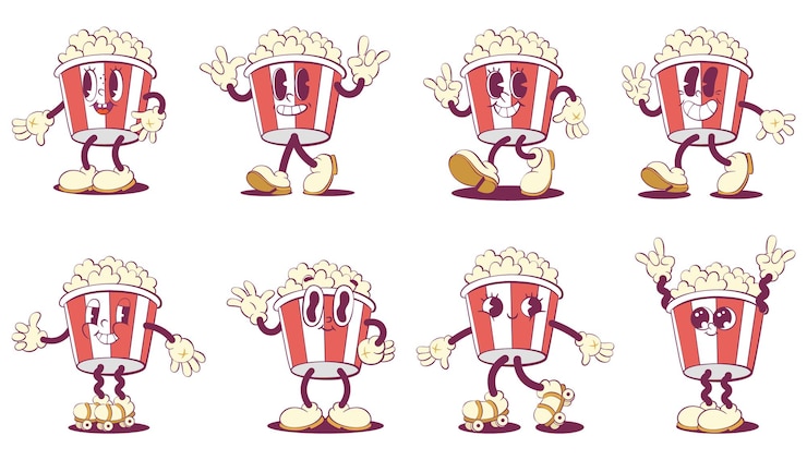 Vector a cartoon character with a bucket of popcorn and a cartoon character with a cartoon character wearing a hat