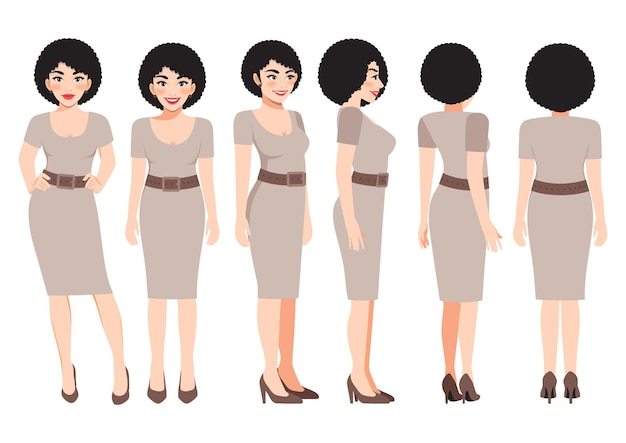 Personaggio dei cartoni animati con donna d'affari in abito color kaki per l'animazione. fronte, lato, retro, 3-4 caratteri di visualizzazione. illustrazione vettoriale piatta