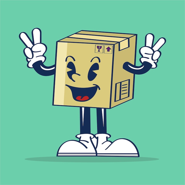 Vector cartoon character with a cardboard box peace pose hand drawing illustration vector.