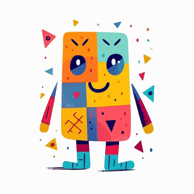A cartoon character with a colorful square on the front.