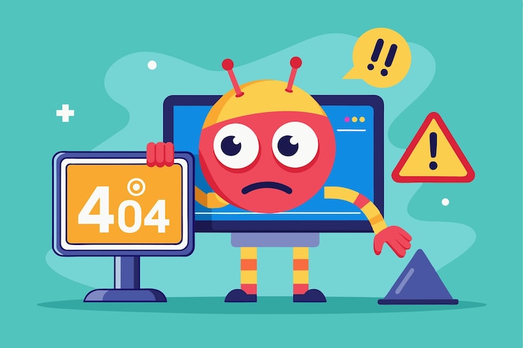 Vector a cartoon character with a concerned expression displays a 404 error on the computer while standing beside a warning sign and a triangular object