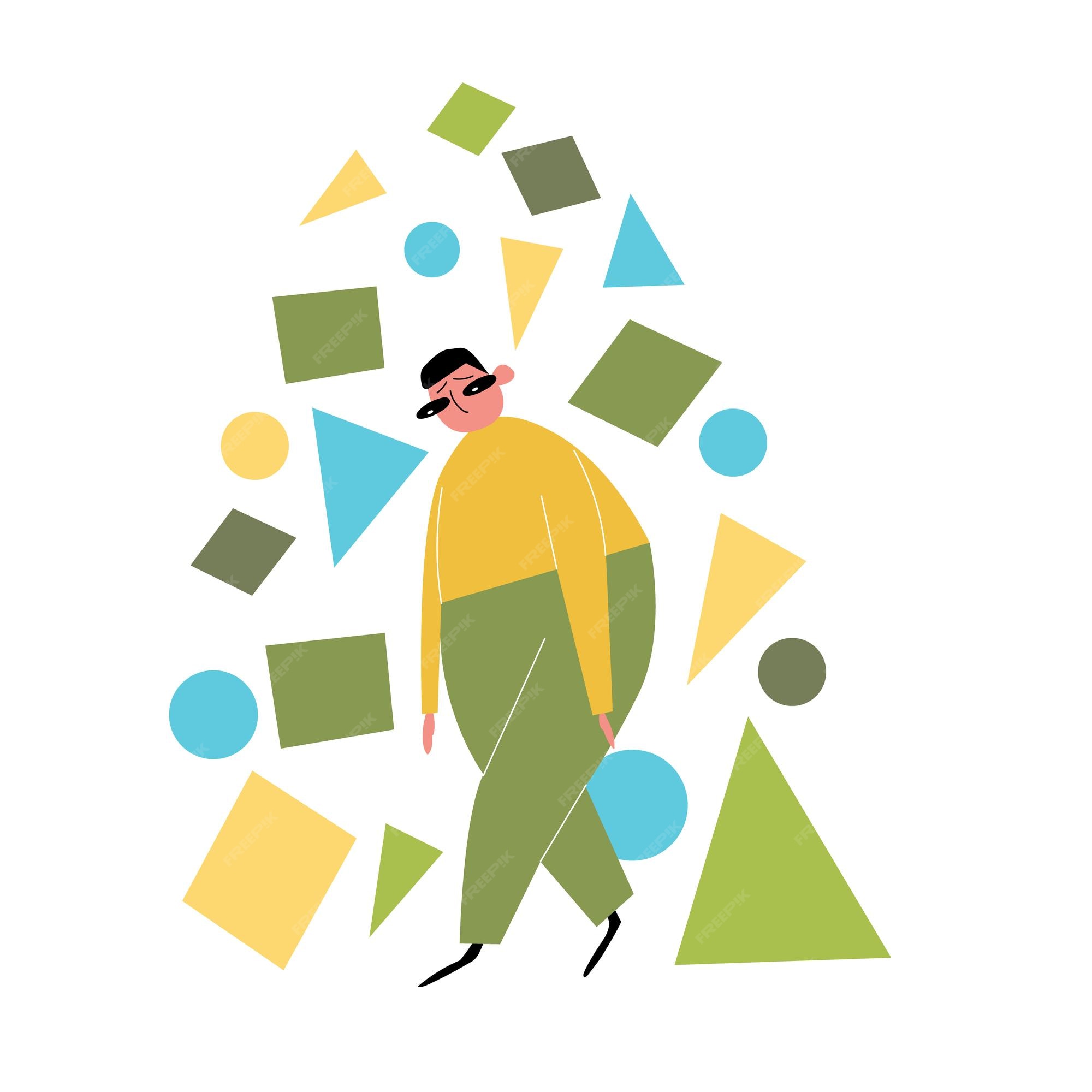 Premium Vector | Cartoon character with geometric shapes a lot of psychological problems procrastination color vector handdrawn illustration flat style all elements are isolated on a white background Premium Vector | Cartoon character with geometric shapes a lot of psychological problems procrastination color vector handdrawn illustration flat style all elements are isolated on a white background
