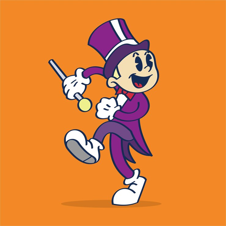 Vector a cartoon character with a hat and a stick in a purple top hat ready to run hand drawing