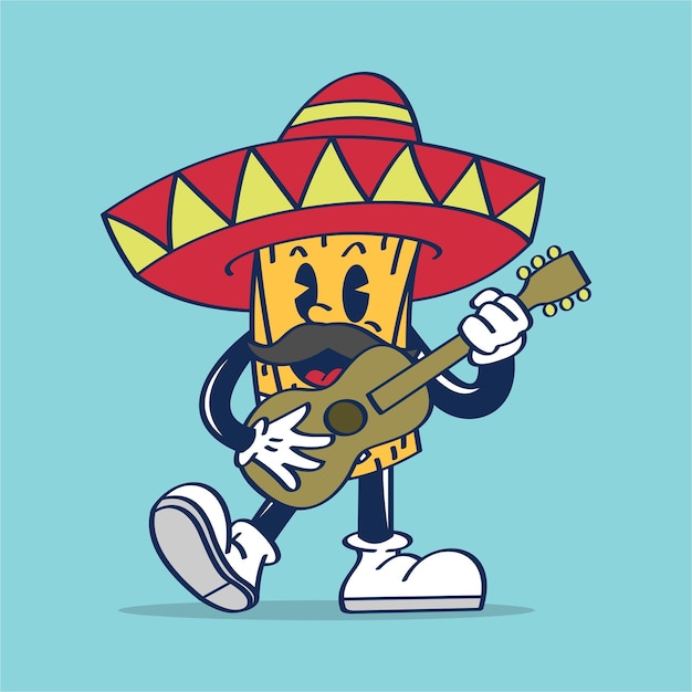 Vector a cartoon character with a mexican hat and sombrero playing a guitar.