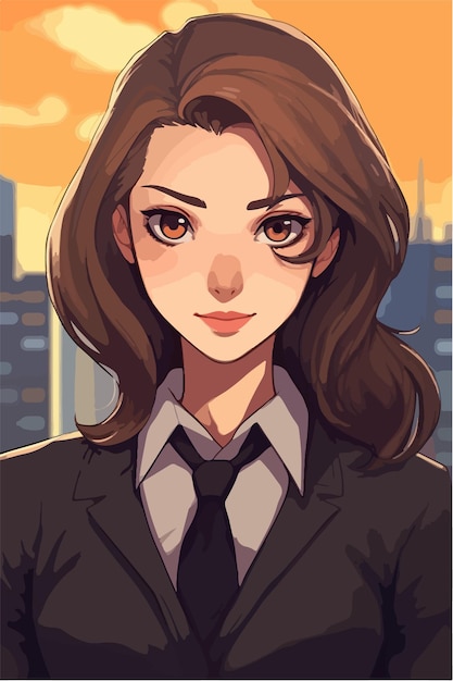 A cartoon character with a picture of a woman in a suit and a city in the background.