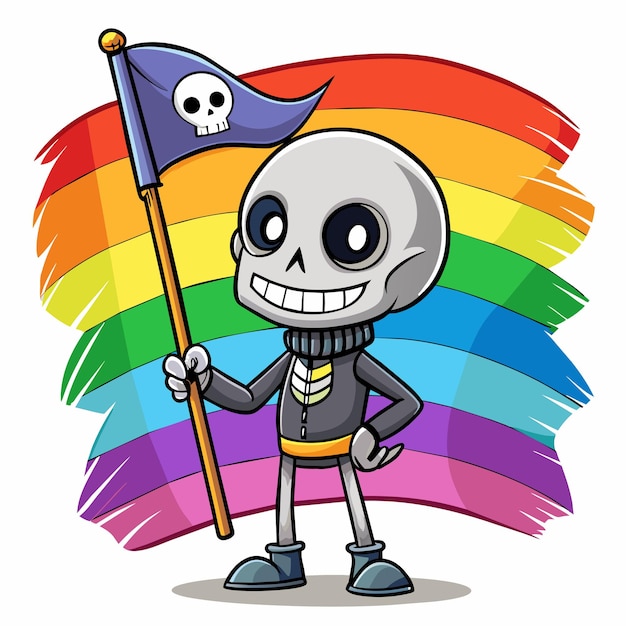 a cartoon character with a rainbow in the background