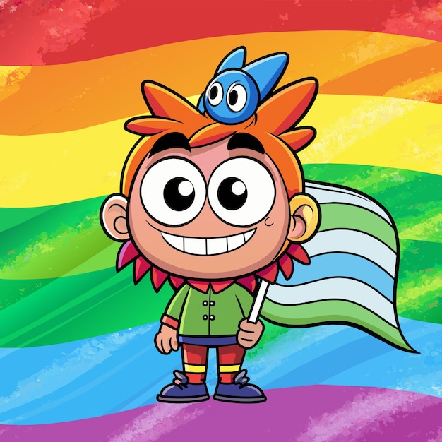 A cartoon character with a rainbow colored background