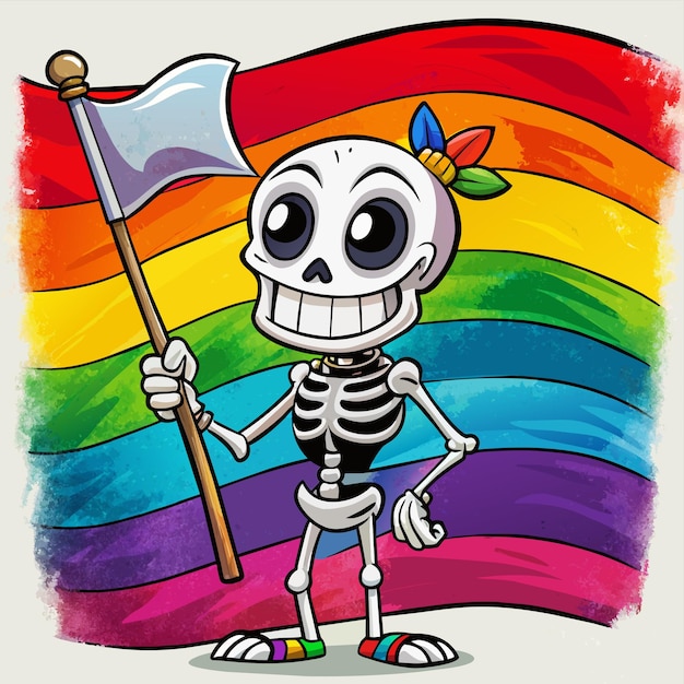 A cartoon character with a rainbow flag and a rainbow in the background