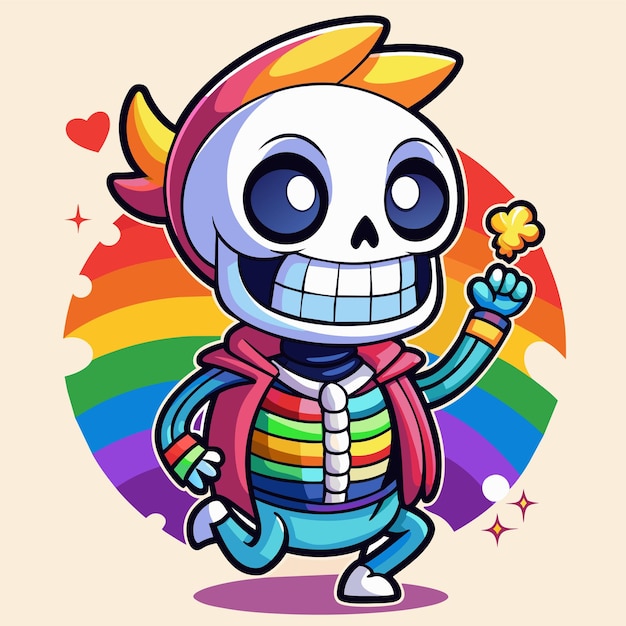 a cartoon character with a rainbow and a rainbow in the background
