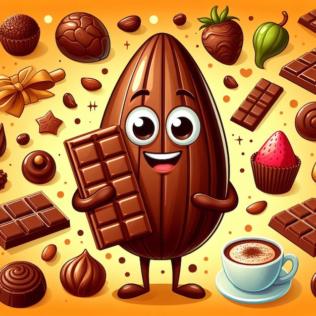 a cartoon character with a smile on his face and chocolates