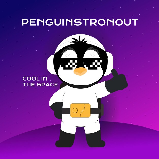 Vettore un personaggio di cartone animato con occhiali da sole e una scatola che dice pinguino nello spazio