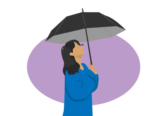 Cartoon character woman holding black umbrella she looks sad flat design concept element vector illustration of seasonal symbols