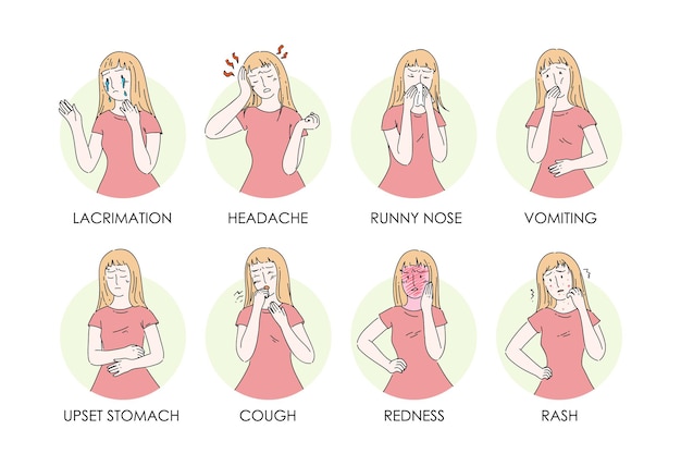 Инфографика женщины персонажа из мультфильма с симптомами аллергии.