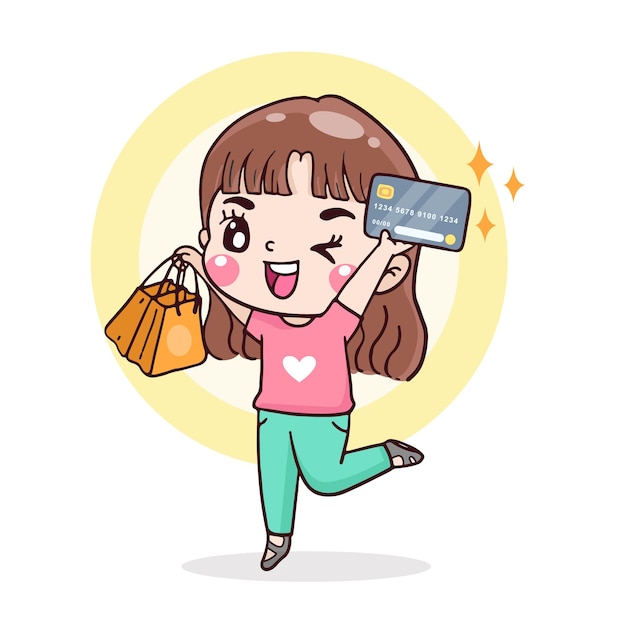 Cartoon character woman shopping holding credit card and shopping bag, financial concept