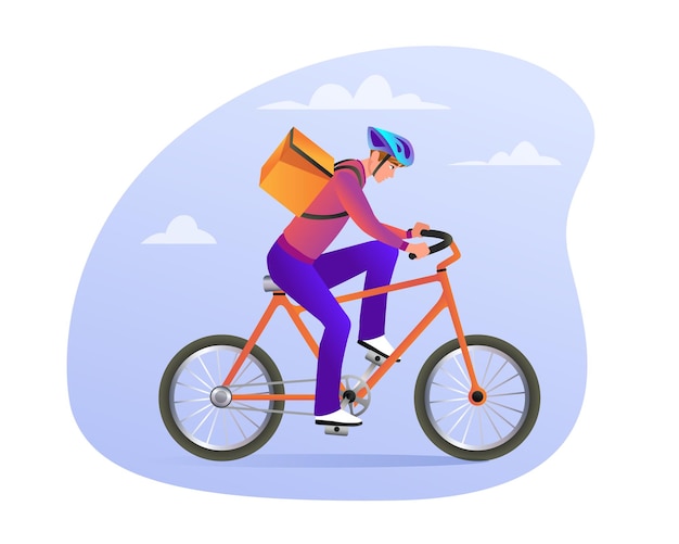 Personaggio cartoon che lavora come corriere e consegna pacchi servizio di consegna sicuro ed espresso a casa o in ufficio utilizzando la bicicletta illustrazione vettoriale in stile piatto su sfondo bianco