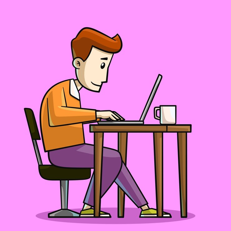 Vector cartoon character working on laptop illustration