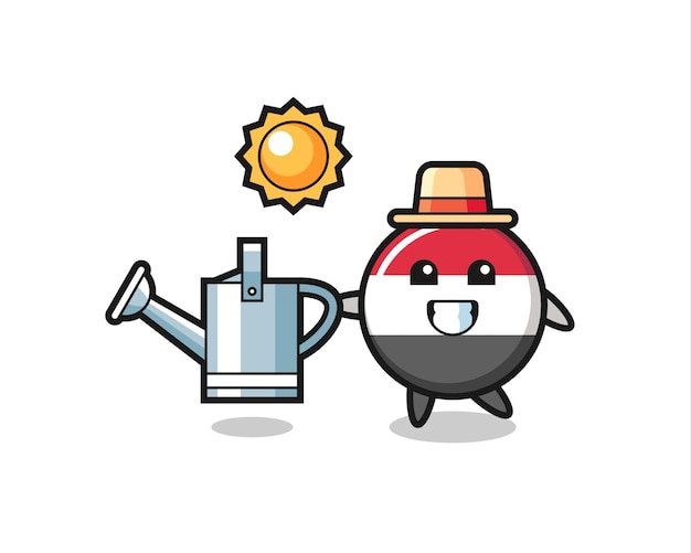 Cartoon character of yemen flag badge holding watering can