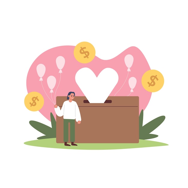 Vector cartoon character of young man donating money for charity