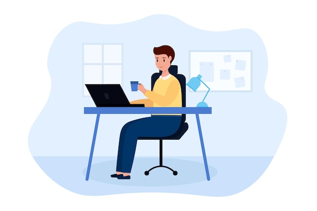 Vector cartoon character of young man drinking tea and working using laptop