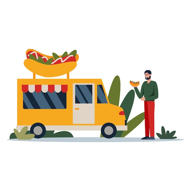 Vector cartoon character of young man standing with trailer with hot dog outdoor