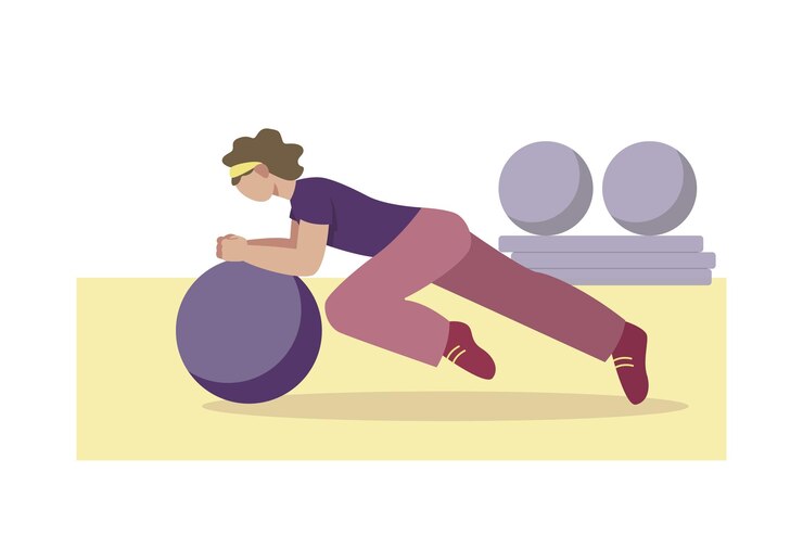 Vector cartoon character of young woman doing exercises with fitball