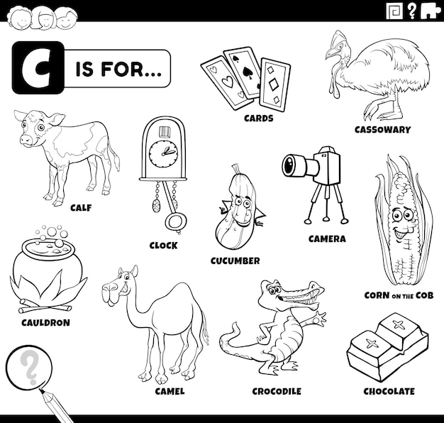 Персонажи мультфильмов и предметы, начинающиеся с буквы c, раскраски страницы книги