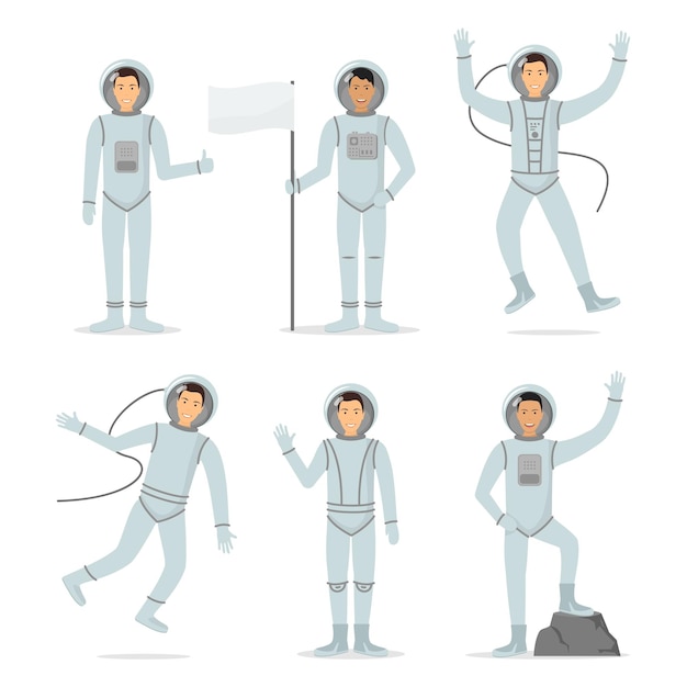 Vettore personaggi di cartoni animati astronauti persona in posture diverse set concept spazio elemento design piatto stile illustrazione vettoriale del cosmonauta