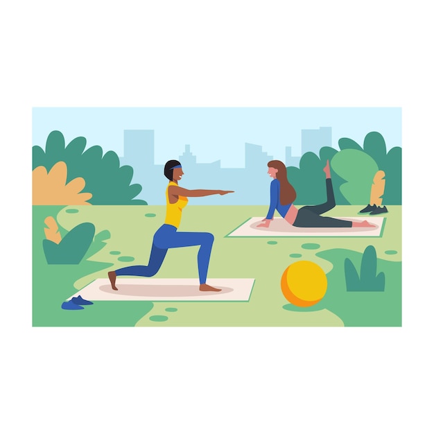 Vector cartoon characters of athletic women doing sports in park
