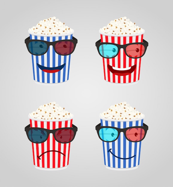 Vector cartoon characters for cinema - popcorn with 3d glasses