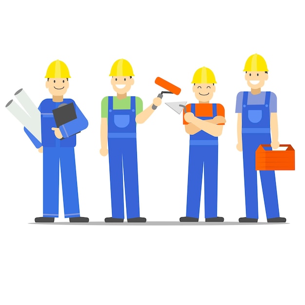 Cartoon characters construction worker group in helmets set concept element flat design style vector illustration of builders