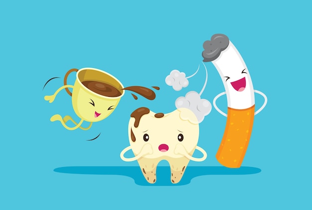 Cartoon characters of decayed tooth problem with smoke and coffee