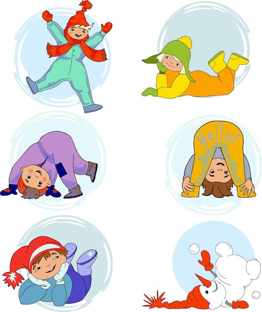 Cartoon characters depict children's winter games in the snow