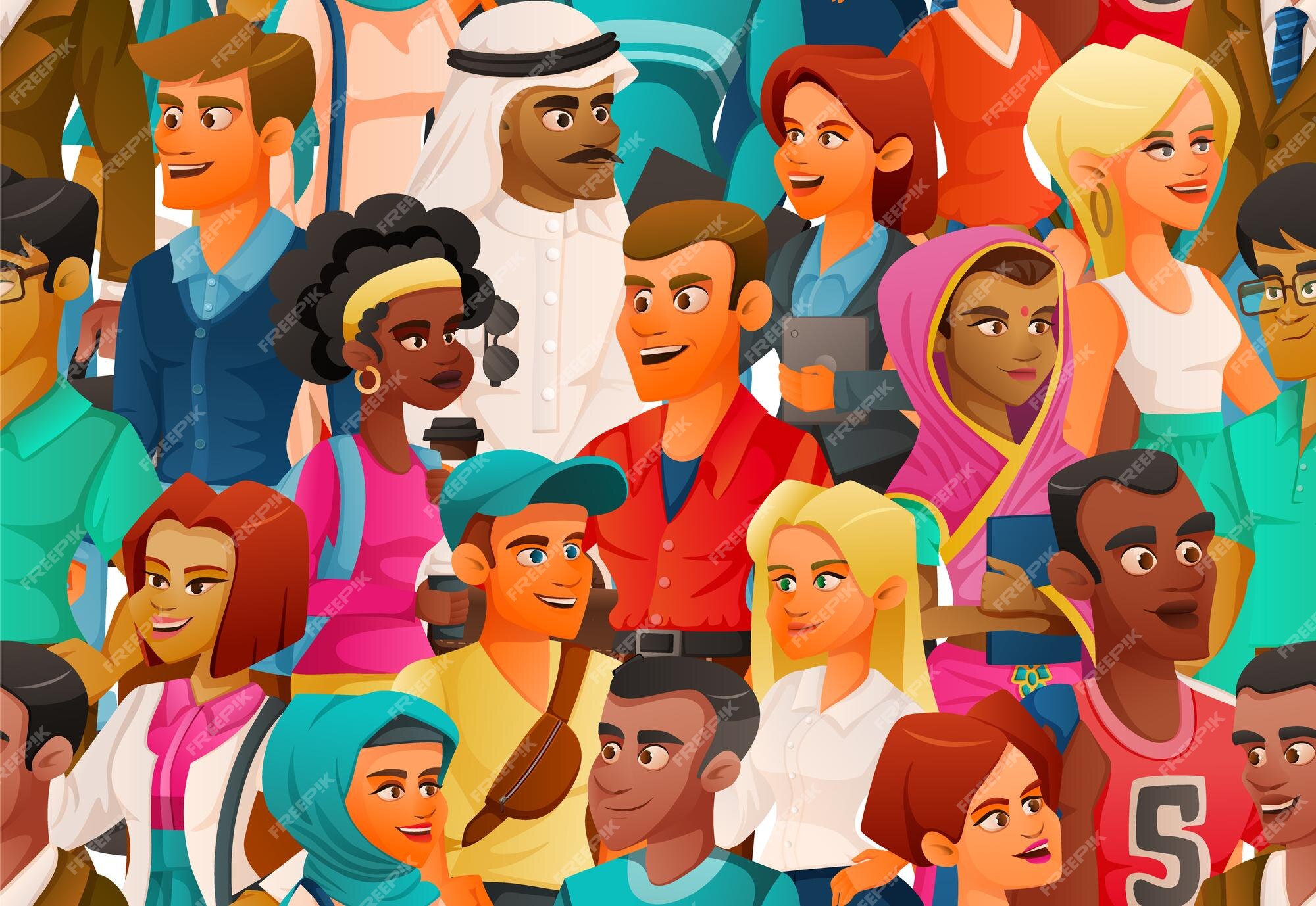 Premium Vector | Cartoon characters diversity composition with view of  crowd with young people of colour wearing different outfits vector  illustration