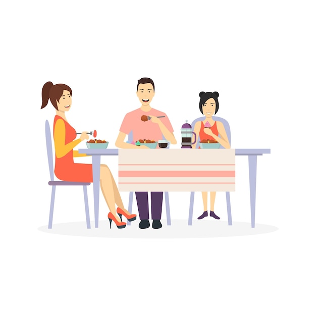 Cartoon Characters Family at Dining Table Vector