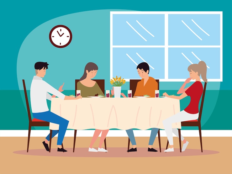 Vector cartoon characters father, mother, son and daughter having meal together illustration