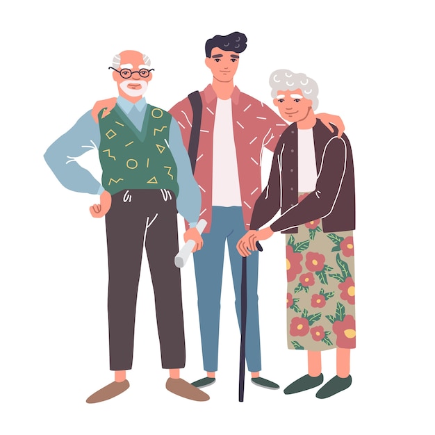 Vector cartoon characters of grandparents with grandson. happy family