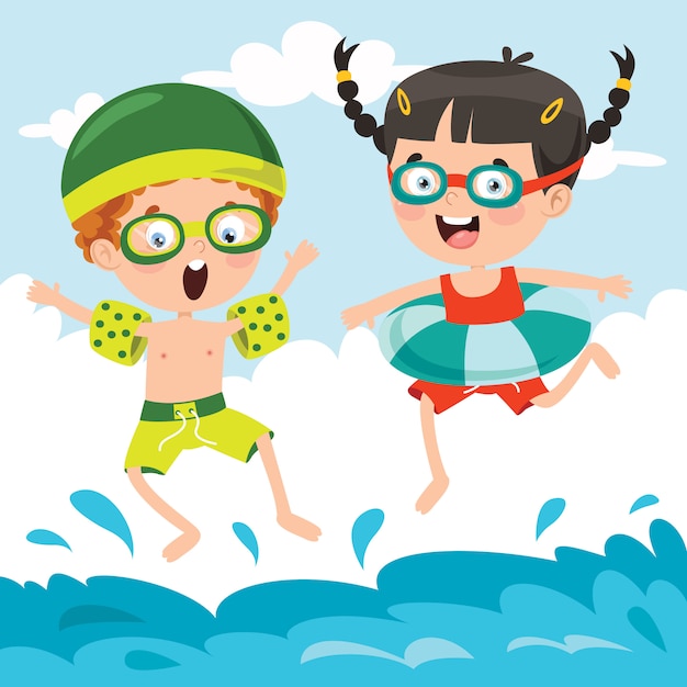 Vector cartoon characters jumping into water